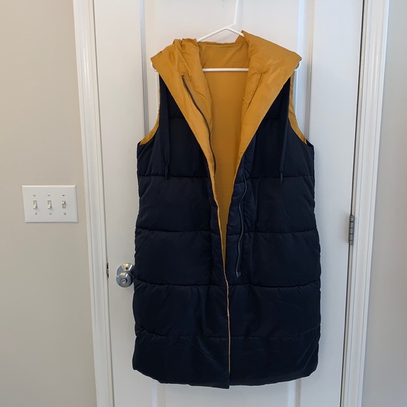 Zara Jackets & Blazers - Zara Reversible Yellow and Navy Blue Long Puffer Vest